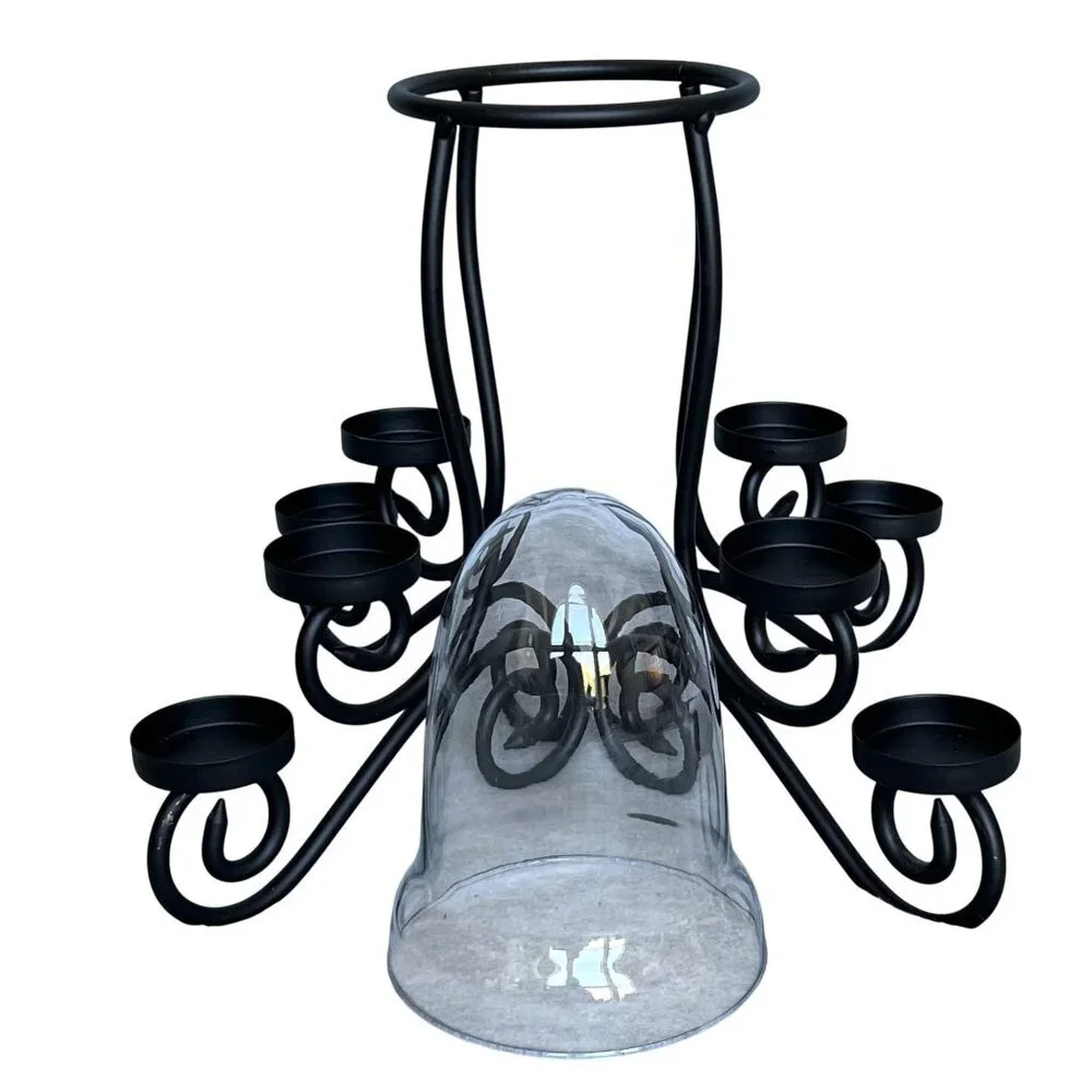 Wrought lron Holiday Centerpiece Fireplace Stand 1 Center Glass 8 Candle Slots